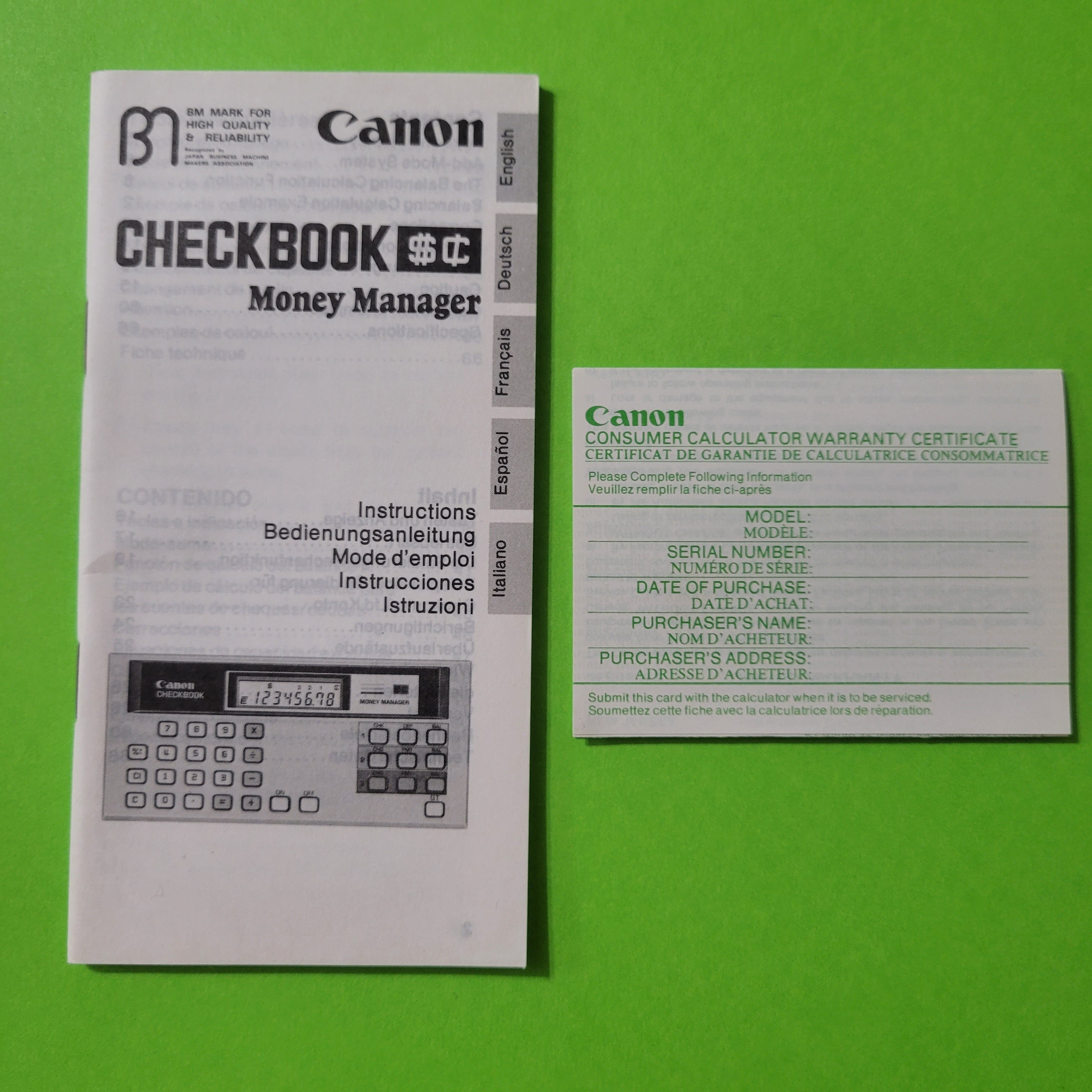 An image of the instruction manual and warranty card of a Canon Checkbook EZ2-0014 financial calculator